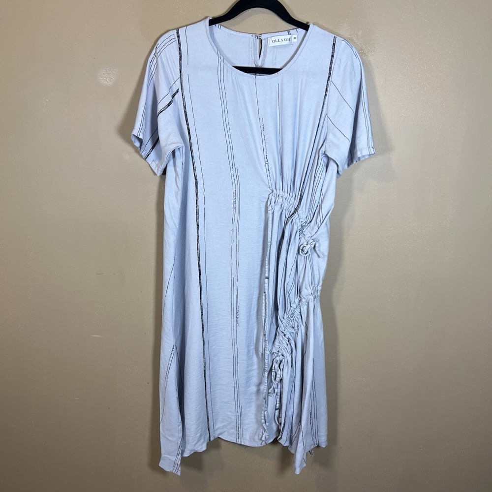 Olla Oh Womens Ruched Drawstring Stripe Short Sleeve Midi Dress Blue Medium